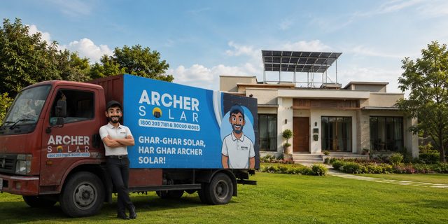 An Archer Solar vehicle outside a home with a rooftop array